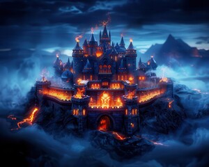 Fototapeta premium Medieval defense mechanisms like castles and fortresses, illustrating historical warfare, Historical, Dark tones, Digital painting