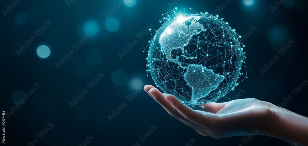 Aufkleber a hand holds a digital glowing globe with futuristic technology and global network connection.