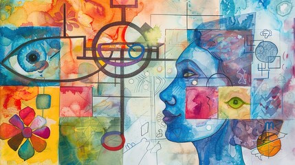  "Mixed media educational icons on watercolor paper, creative learning, 