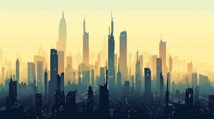 Naklejka premium Foggy Urban Skyline with Skyscrapers 1