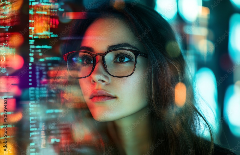Poster a woman with glasses is seen in front of an abstract background filled with data and code, symbolizi