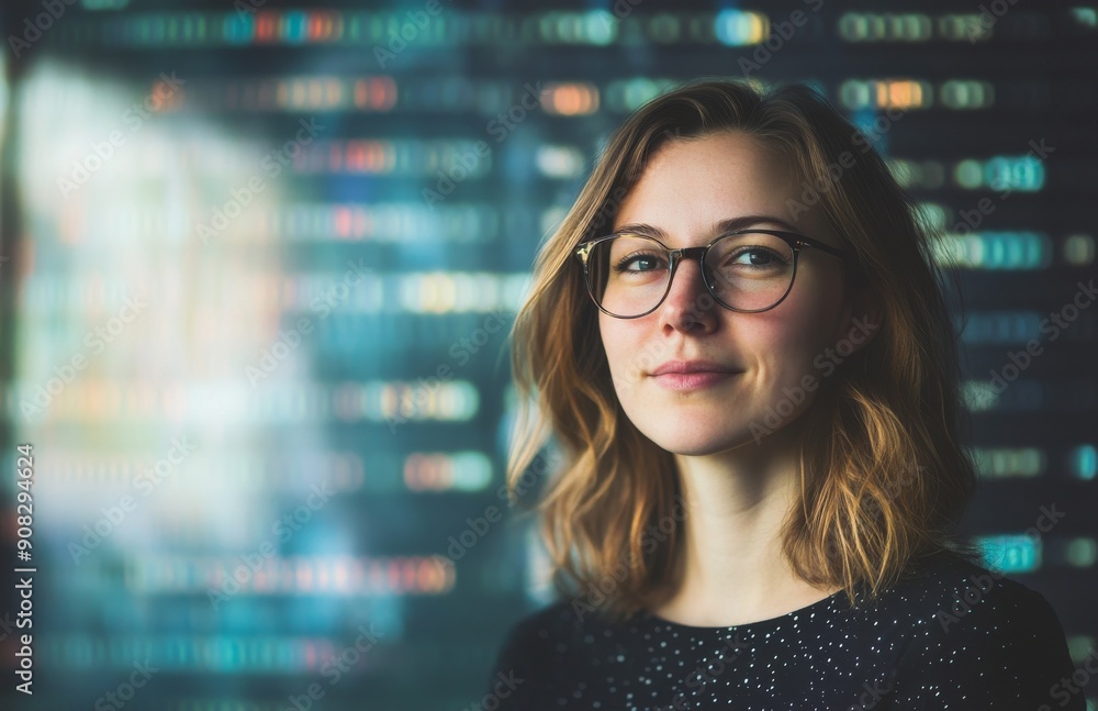 Poster a woman with glasses is seen in front of an abstract background filled with data and code, symbolizi