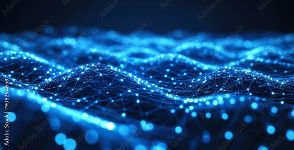 Poster abstract background with blue glowing lines and dots forming interconnected network, symbolizing tec
