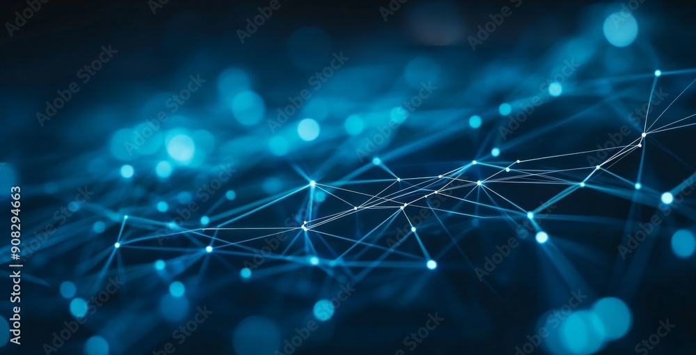 Poster abstract background with blue glowing lines and dots, symbolizing the concept of global data transfe