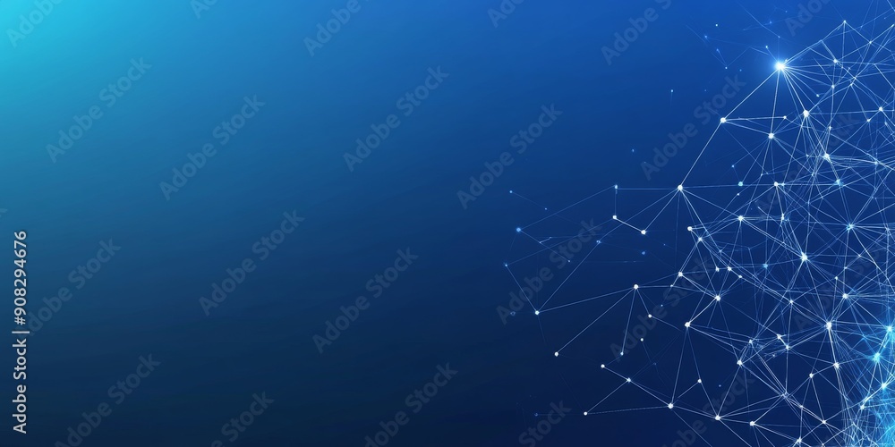 Poster abstract blue background with white dots connected in lines representing network connection and data