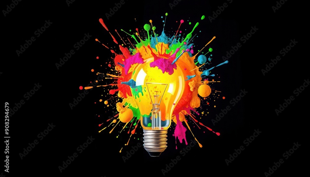 Poster lightbulb with colorful paint splashes.