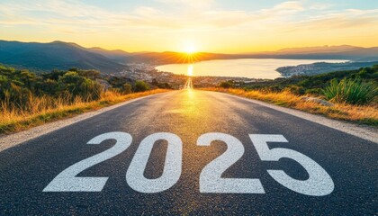 White number "2025" written on the asphalt road, symbolizing journey and progress during the new year celebration