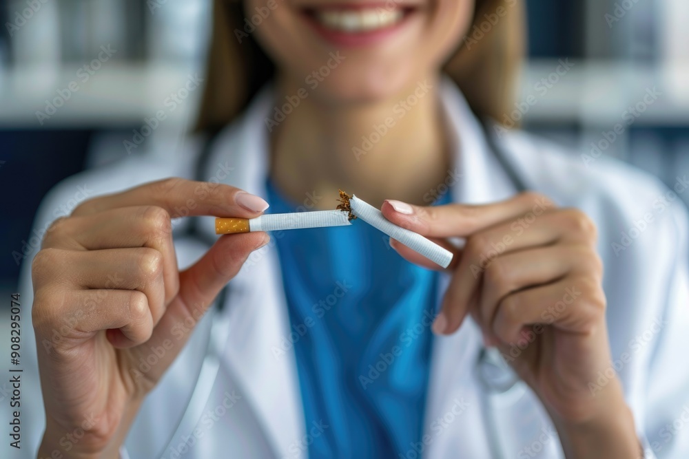 Poster a scientist holds a cigarette while wearing a lab coat