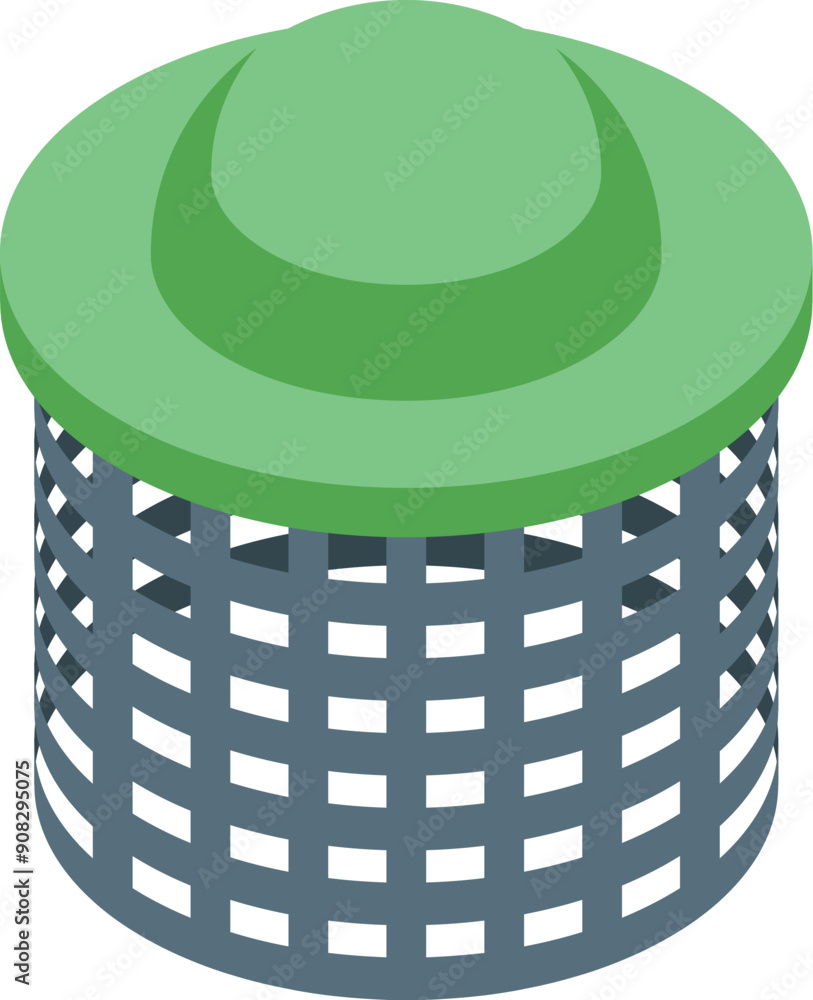 Poster round public trash can with green cap for separate waste collection is standing on white background