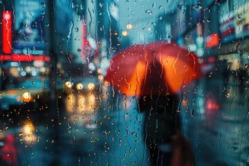 Rainy city night seen through window. Perfect for depicting a gloomy and wet atmosphere.