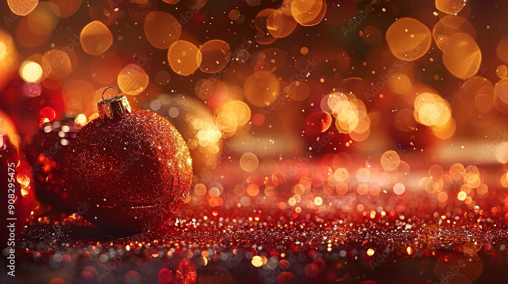 Poster sparkling christmas baubles in soft diffused light, high contrast macro close-up with copy space
