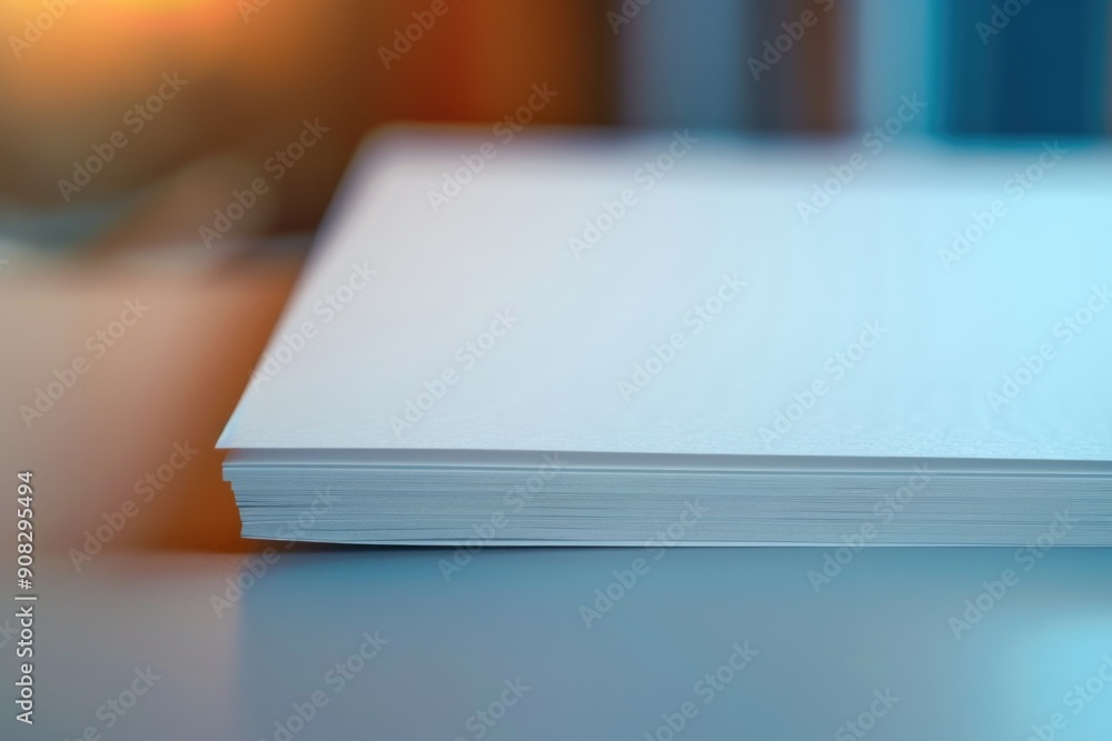 Poster a stack of white papers sitting on a table