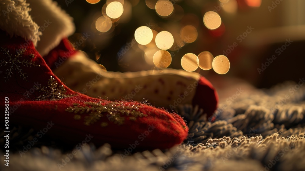 Poster festive glow: softly diffused light illuminating christmas stockings in high contrast macro composit