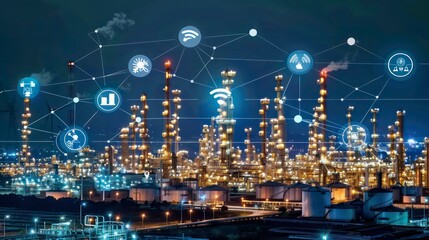 Industrial Complex Illuminated at Night with Connected Network Icons