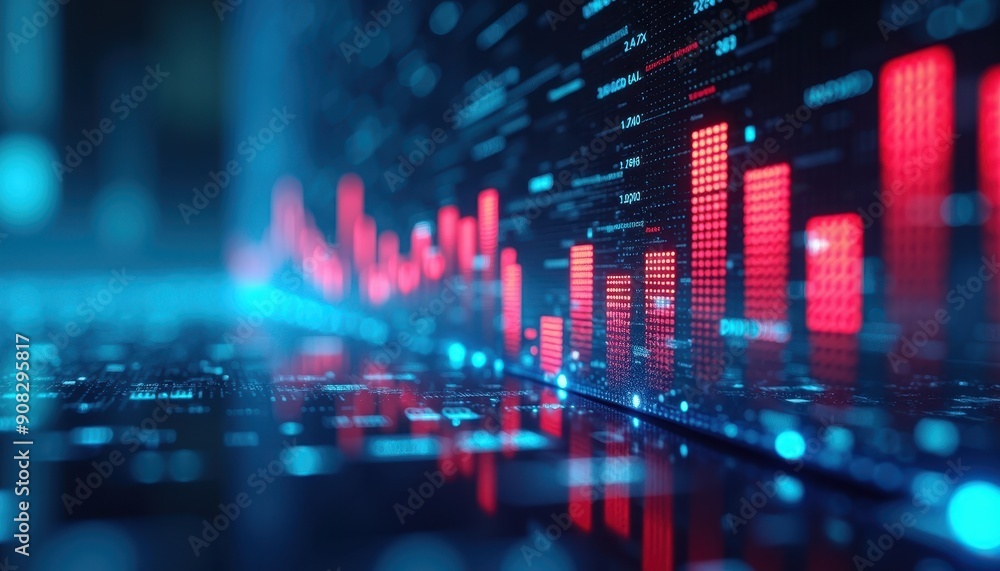 Poster abstract digital data pattern with red and blue lights.