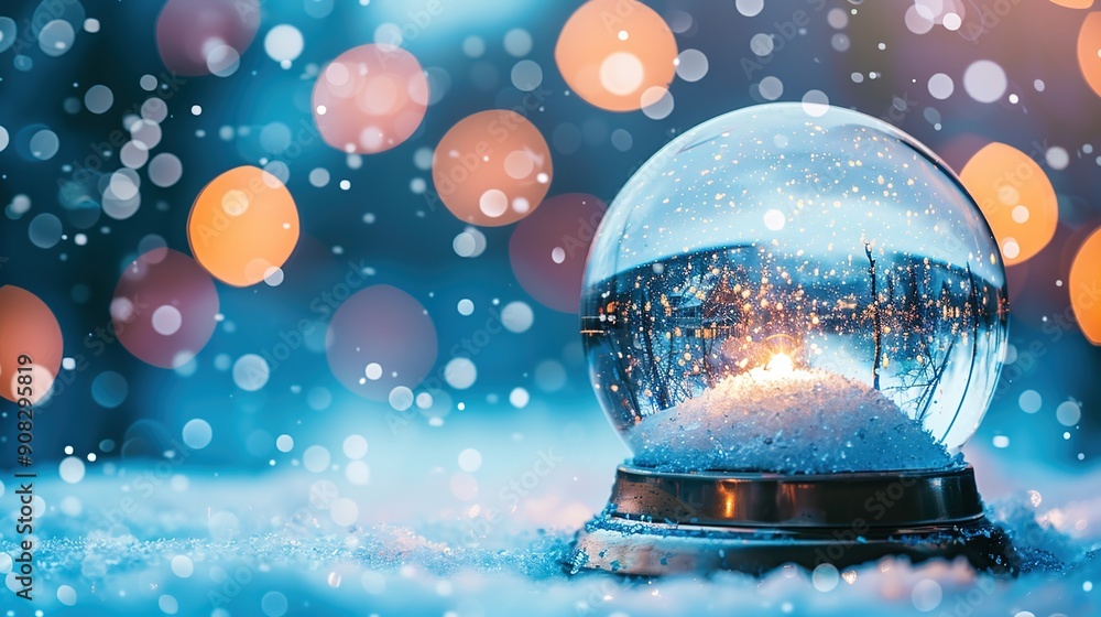 Poster magical natural light illuminating christmas snow globe with high contrast macro composition and bla