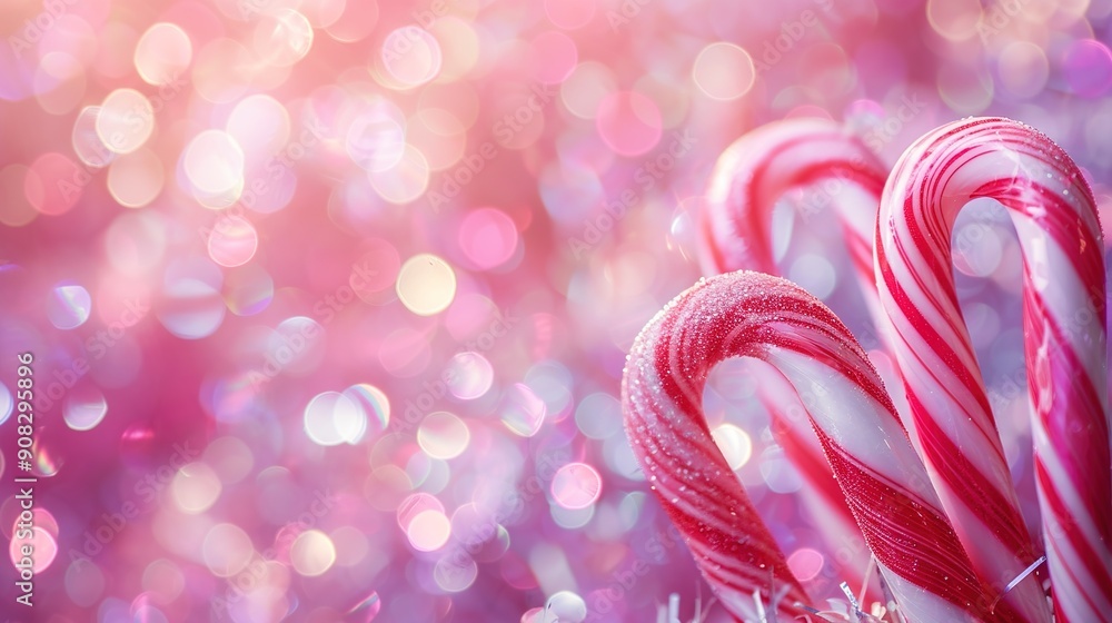 Poster festive macro of holiday candy canes in soft natural light with high contrast and empty space for te