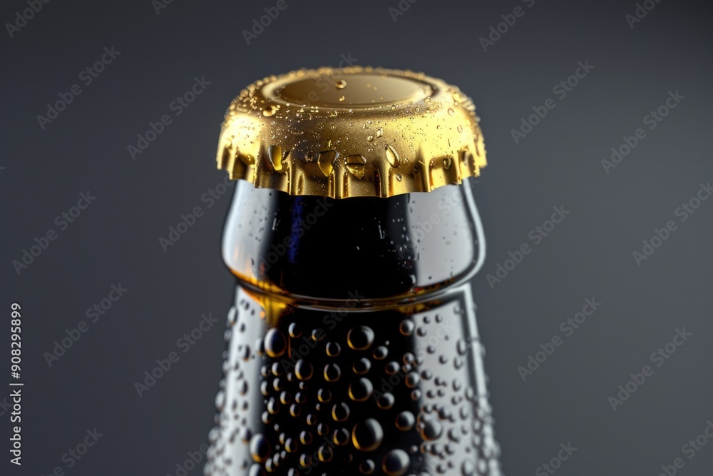 Poster a close-up shot of a beer bottle with a golden cap, suitable for use in food and drink advertisement
