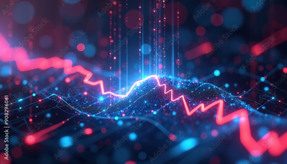 Poster abstract digital landscape with glowing lines and bokeh.
