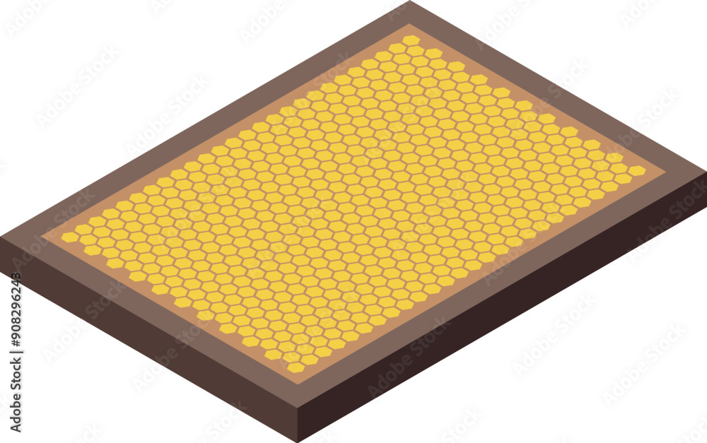Poster honeycomb frame is filled with golden honey, showcasing the intricate structure of a beehive