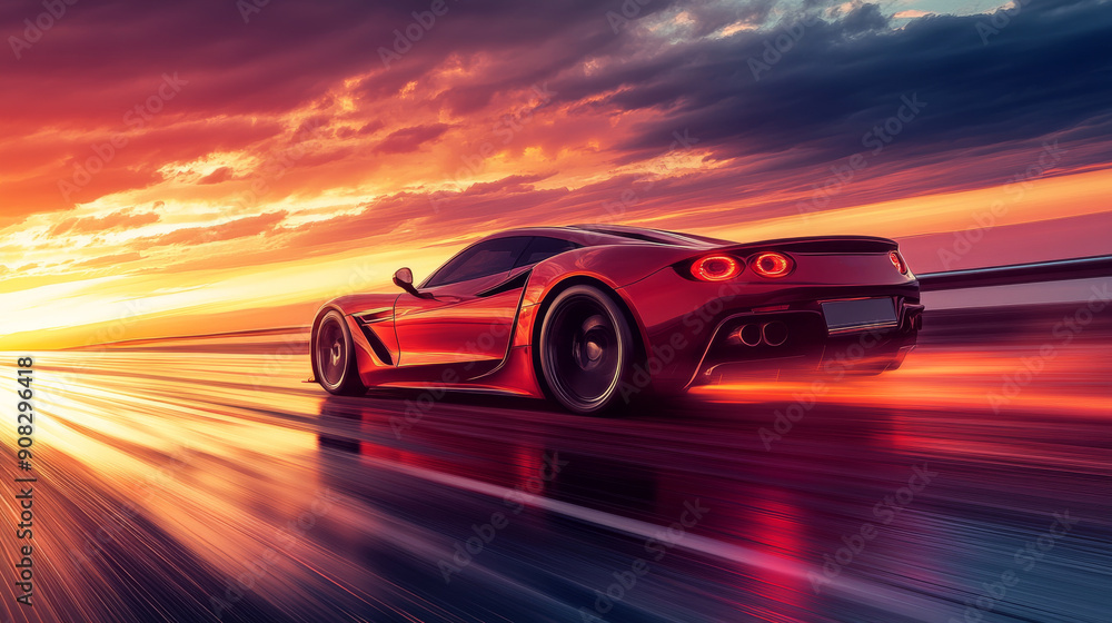 Poster a red sports car is driving down a road with palm trees in the background. the car is going fast and