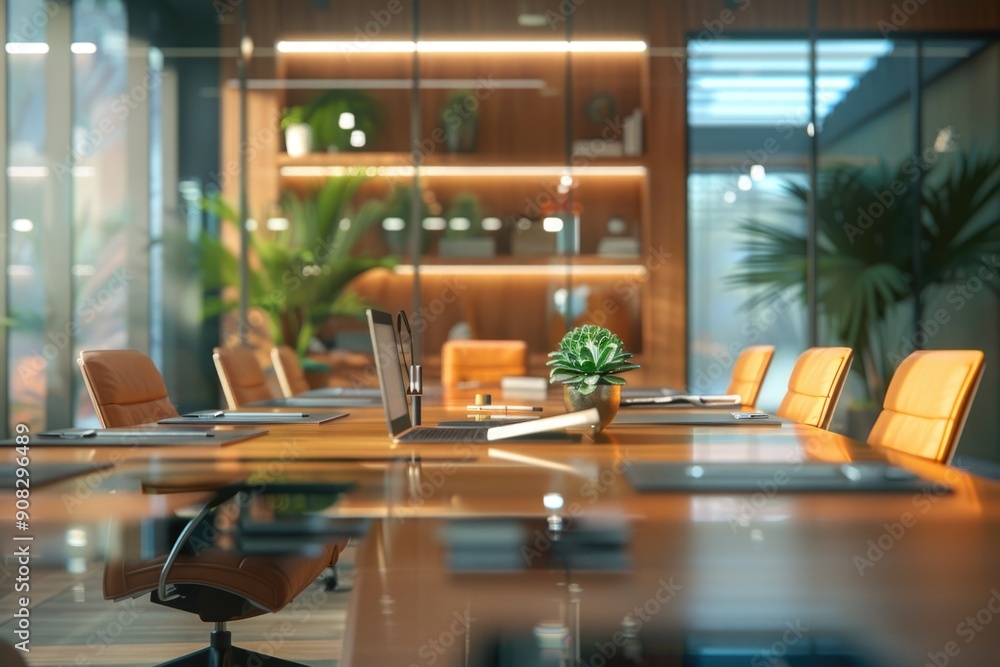 Poster a conference table with a laptop open for work or presentation