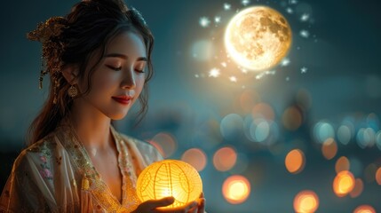 Naklejka premium Enchanting celebration: mid-autumn festival, moon goddess Chang'e holding mooncakes against a moonlit sky, chinese lanterns, unity and abundance traditional festival honoring harvest, lunar deities
