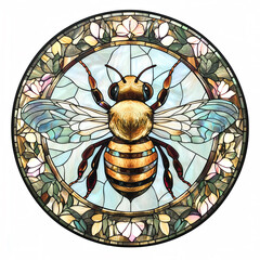 Detailed stained glass style round mandala of a honeybee, isolated on a white background.	