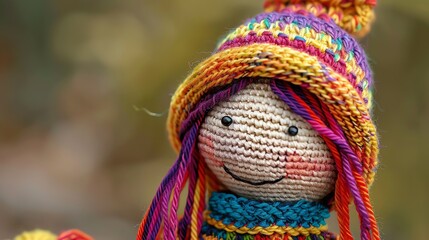 Adorable handcrafted doll wearing a colorful hat, showcasing vibrant yarn and a cheerful smile, perfect for decoration or gifts.