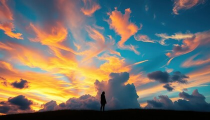 Silhouette of a person standing in a field with a sunset sky.