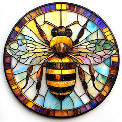 Detailed stained glass style round mandala of a honeybee, isolated on a white background.	