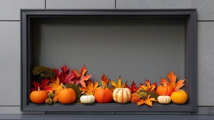 Obraz premium Vibrant Fall Window Decor with Pumpkins and Leaves, Inviting Seasonal Shopping Display
