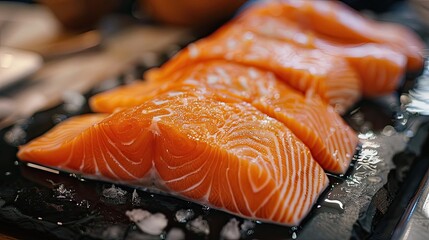 Fresh salmon fillets on a tray. Perfect for showcasing healthy eating, recipes, or seafood market imagery.
