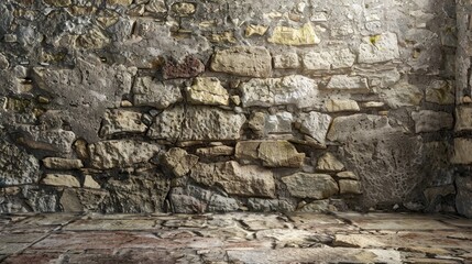 Rural room with weathered stonework background and grungy rock surface