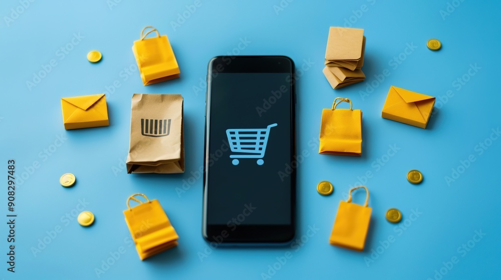 Poster modern digital wallet concept on smartphone screen with online shopping icons - tech technology and 