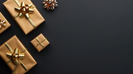 Elegant Black Holiday Background with Golden Gift Boxes and Copy Space