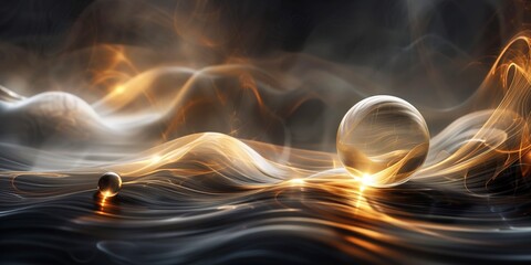 Realistic render of glowing orange and black light waves with transparent spheres, elegant and futuristic design
