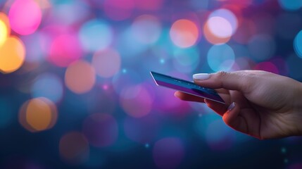 Secure Mobile Payment Technology - Close-up of Hand Holding Credit Card with Fintech Terminal in the Background
