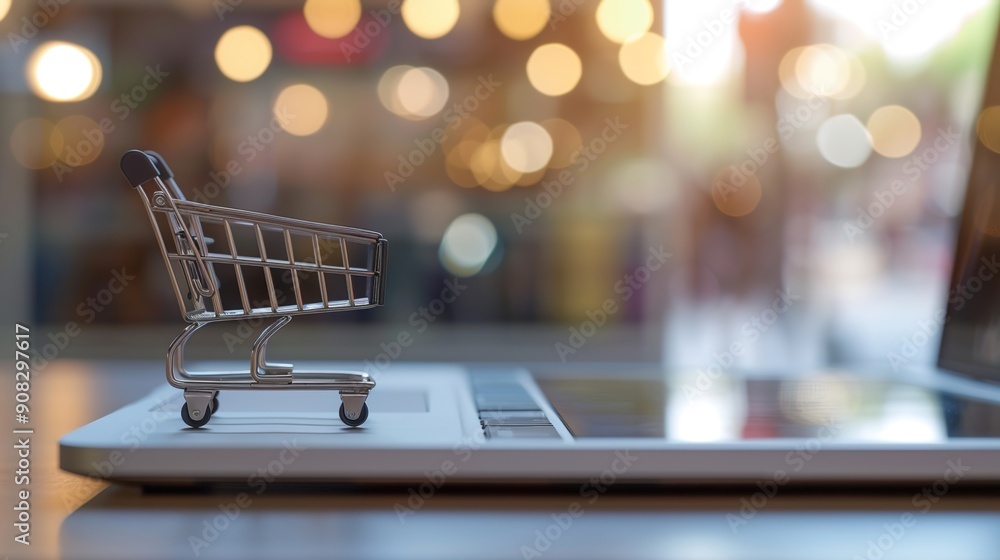 Poster secure online shopping interface on laptop and mobile phone with payment verification for e-commerce
