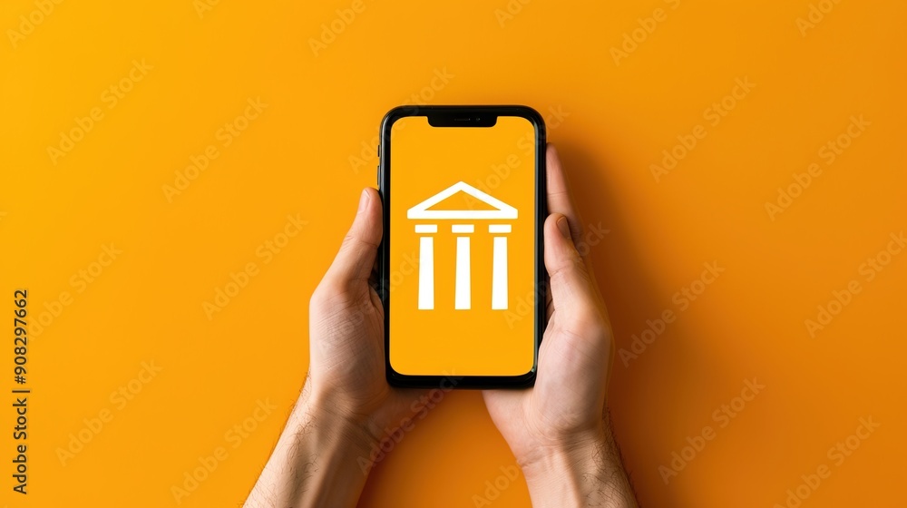 Poster modern mobile banking app interface showing transaction history and balance on smartphone screen