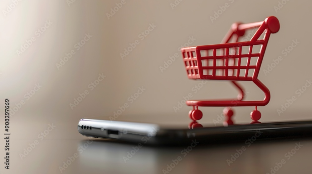 Poster close-up of smartphone with e-commerce app showing shopping cart and buy buttons for online shopping