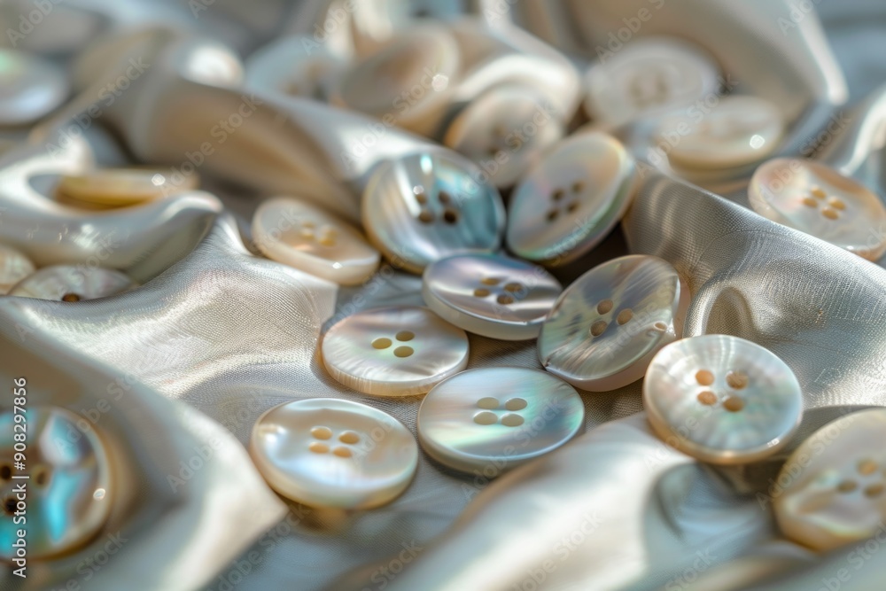 Poster a collection of buttons arranged on a white cloth, suitable for use in craft or design projects