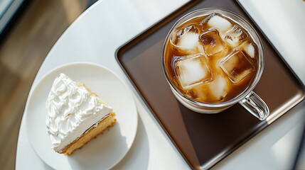 View from Above of White Table with Brown Tray, Iced Americano, White Cake, and Modern Saucer"