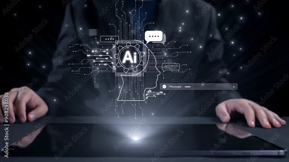 Poster human interact with ai artificial intelligence brain processor in concept of ai artificial intellige