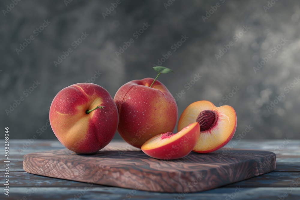 Poster A selection of fresh peaches displayed on a cutting board, one sliced in half for serving