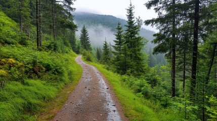 Morning fog on a forest road, pine trees barely visible, serene and mystical