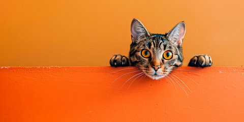 Obraz premium A cat is looking at the camera from behind a wall