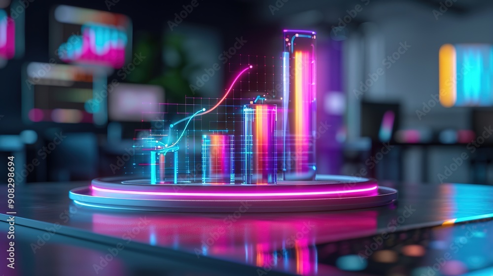 Poster dynamic futuristic workspace with holographic growth charts and digital products displayed