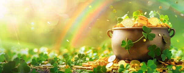 Banner with Pot of gold coins, clover leaves and rainbow. St. Patrick's day concept