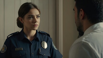 Portrait of a young police man officer talking